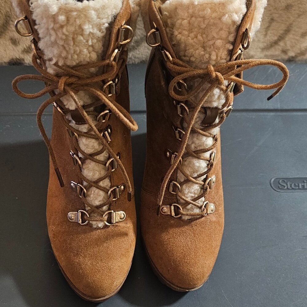 Faux Suede, Tan Wedge- Cream Trimmed Booties. NO BLEMISHES, ETC.